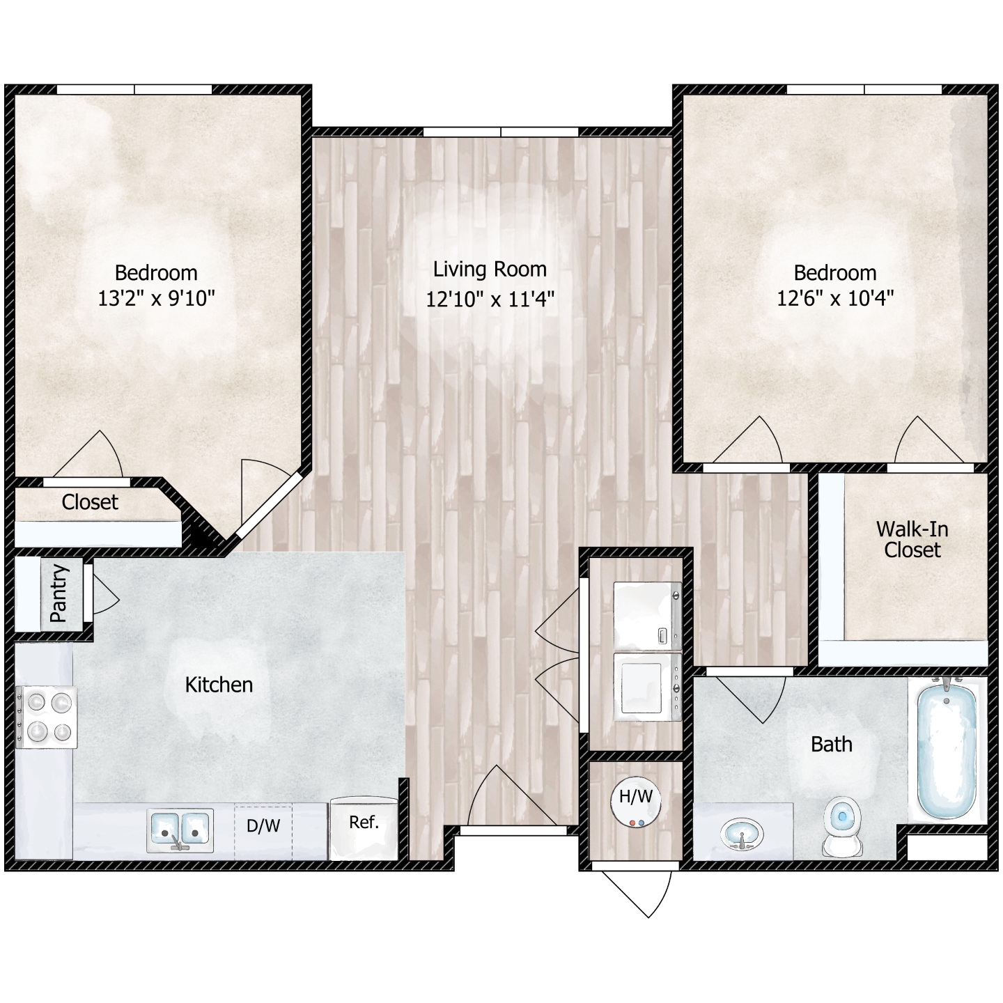 Floor plan for 2 beds, 1 bath, 872 sqft